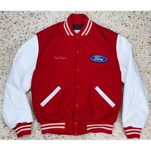 Dehen Vtg Men's Ford Bill Elliett Button Up Leather & Wool Varsity Jacket Size L